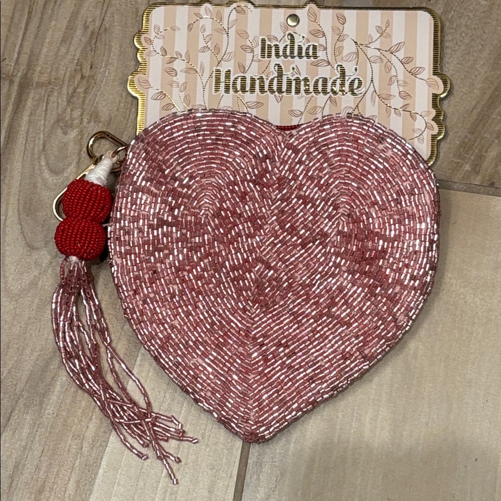 NWT Made in India Pink Beaded Heart pouch Keychain
